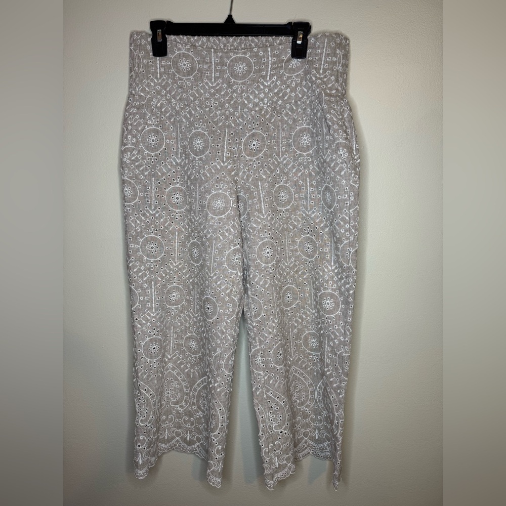 Sundance Linen Blend Embroidered Cropped Pants Women's Medium